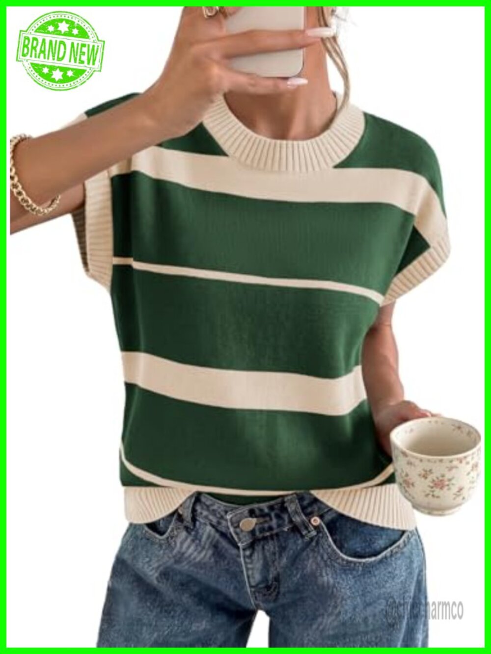 EVALESS Women's Striped Knit Sweater Top Cap Sleeve Crew Neck